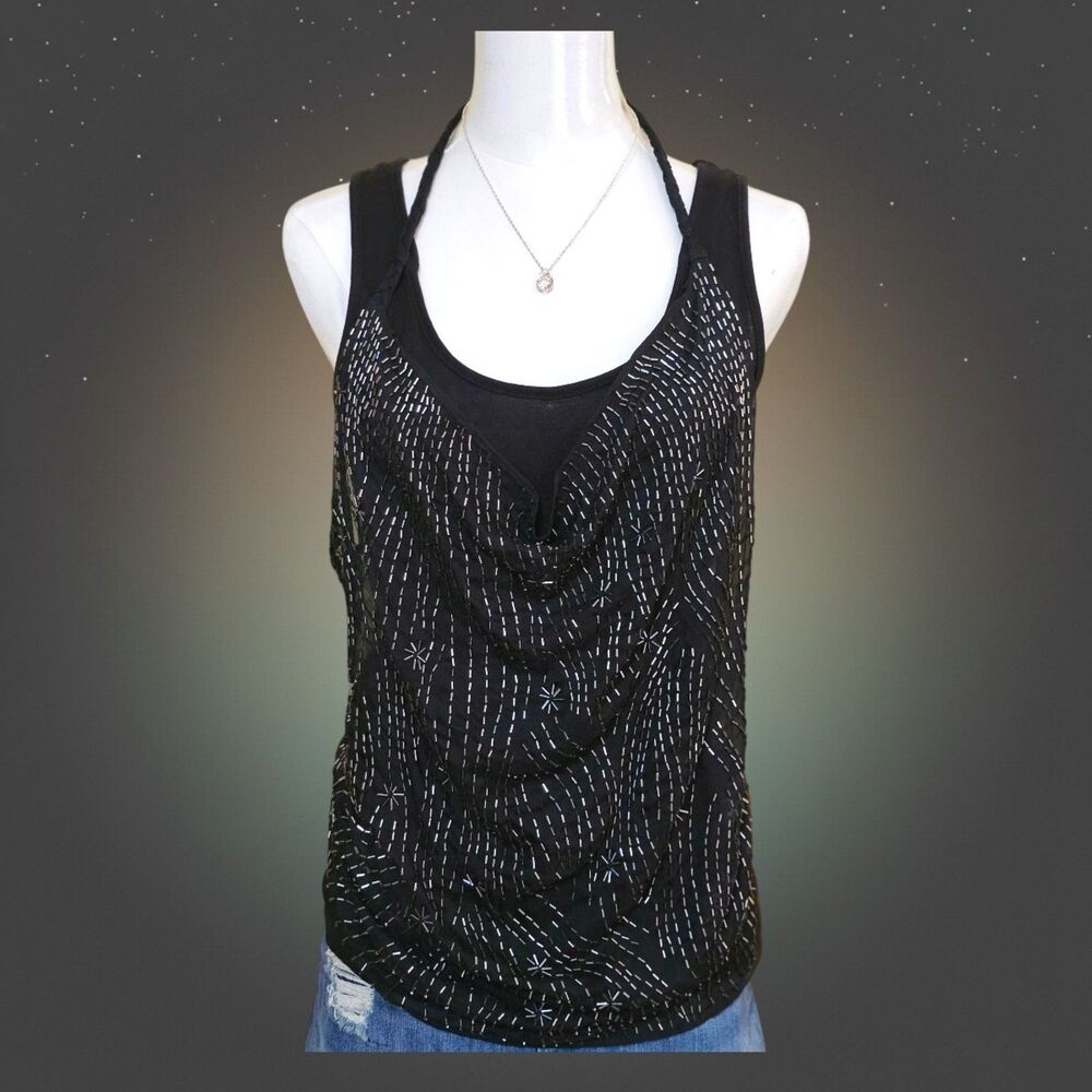 Guess Women's M Beaded Racerback Tank Top Black Vintage Y2K Club Going Out